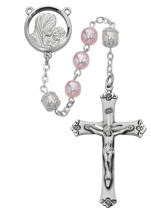 Mother & Child Pink and White Rosary Boxed - 592LF