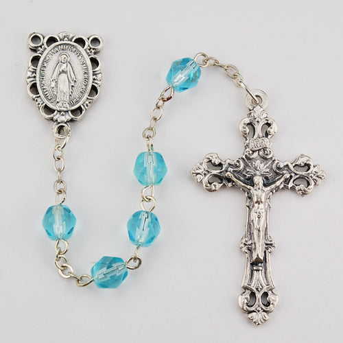 Aqua Glass March Rosary Boxed - R391-AQG