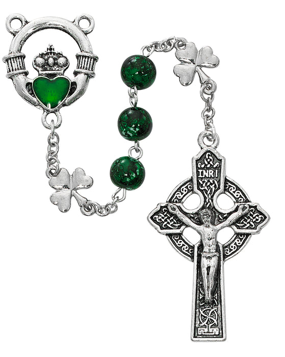 Green Shamrock Claddagh Rosary Boxed - R650F