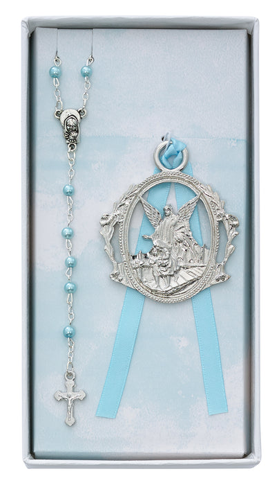 Angel Crib Medal and Blue Rosary Set Boxed - BS16
