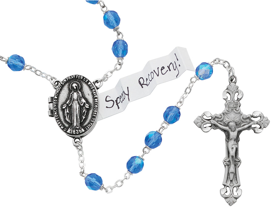 Blue Prayer Petition Locket Rosary Boxed - R588DF