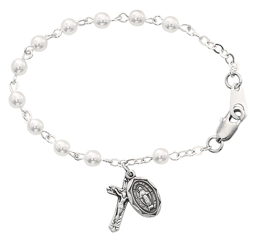 5 1/2in Baby Rosary Bracelet with Pearl-Like Glass Beads and Sterling Silver Accents - BR177