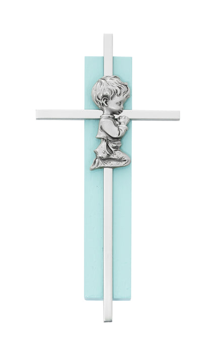 6in Blue Wood Praying Boy on Silver Cross Boxed  - 73-60