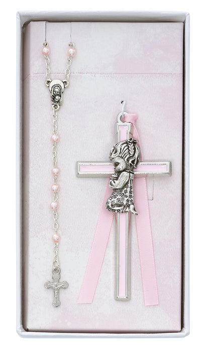 Pink Crib Cross and Pink Rosary Set Boxed - BS50