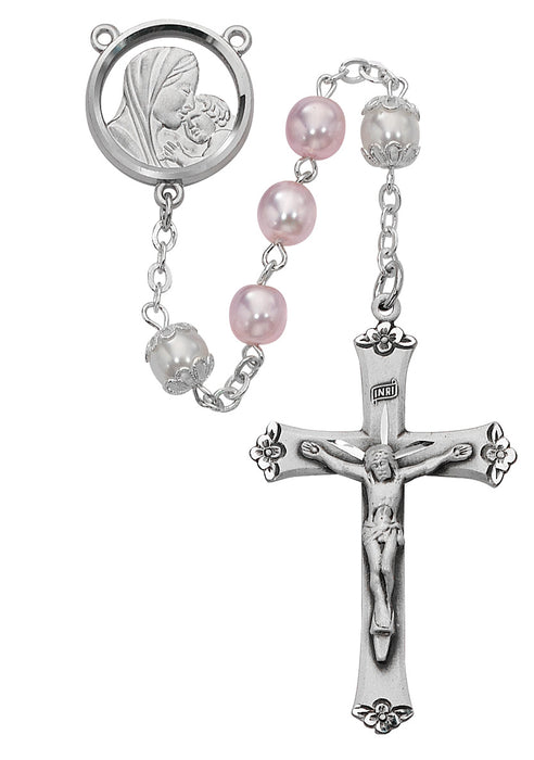 Mother and Child Pink and White Rosary Boxed - 592RF
