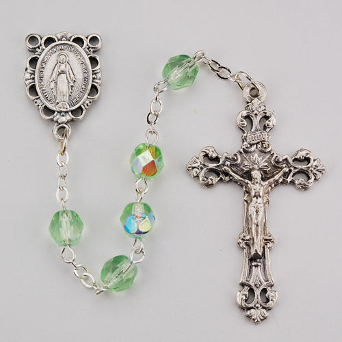 Light Green Glass August Rosary Boxed - R391-PEG