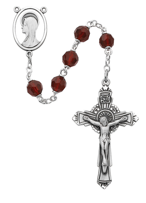 Dark Red Tin Cut Crystal Rosary Boxed - R402DF