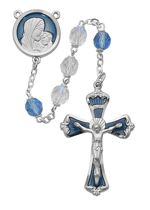 Mother and Child Blue and Crystal Rosary Boxed - 775RF