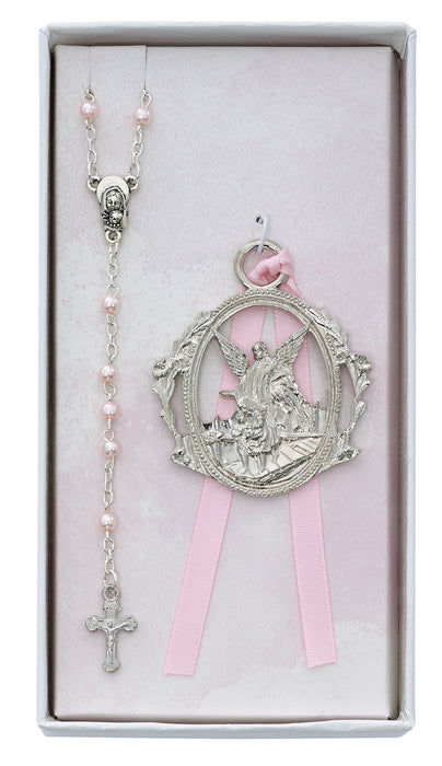 Angel Crib Medal and Pink Rosary Set Boxed - BS17